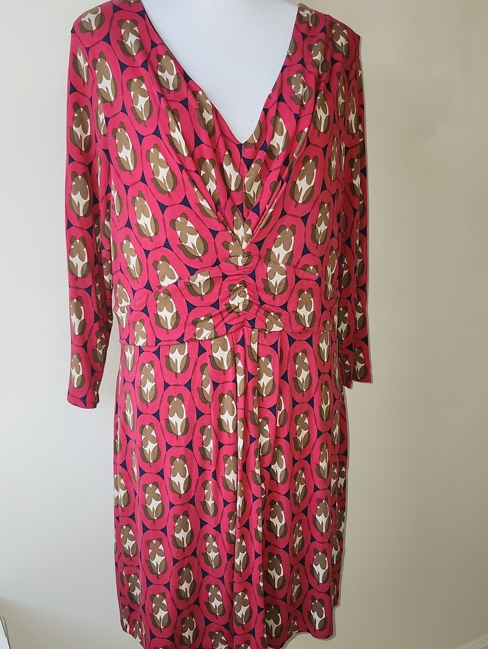 Boden Dress Womens 16 Mini 3/4 Sleeve V Neck Gathered Front Strech Size 16